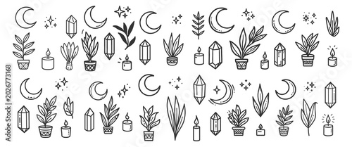 Comprehensive set of bohemian magical icons featuring plants moons and spiritual symbols