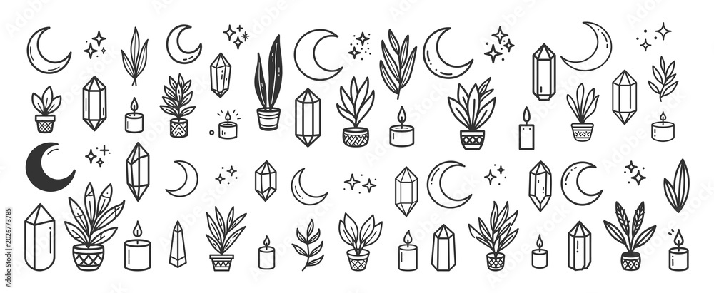 Fototapeta premium Set of Hand Drawn Mystical Elements with Crystals Plants and Moon Icons