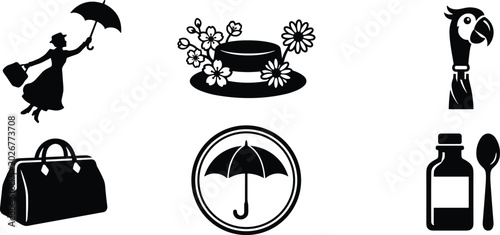 Schilderij op canvas Mary Poppins Inspired Silhouette Icon Collection with Umbrella Lady, Floral Hat,