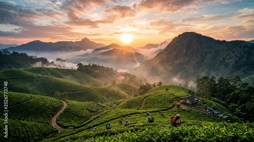 Scenic sunrise over lush tea plantation with misty mountain backdrop