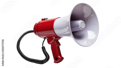 Obraz na płótnie Red and white megaphone with coiled cord, isolated on transparent background