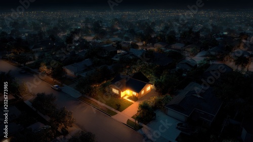 Stunning photo of aerial night view of a single bright illuminated suburban house in a dark neighborhood.