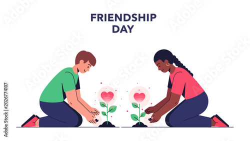 Bild auf Leinwand Cultivating Connection: Two individuals, representing diverse backgrounds, tenderly nurture saplings bearing heart-shaped blossoms, symbolizing the growth and care inherent in friendship