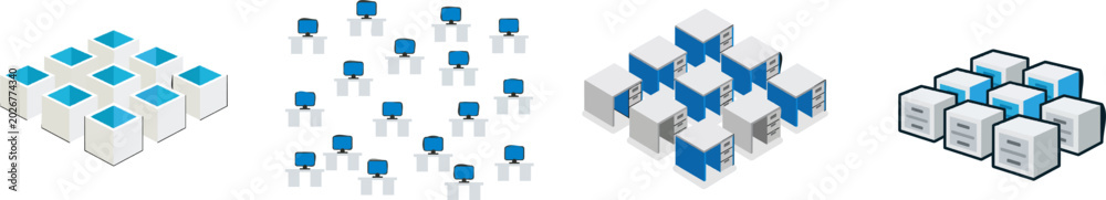 Naklejka premium A minimalist office scene featuring rows of identical grey desks with vibrant blue tops, arranged in a simple geometric pattern against a white background