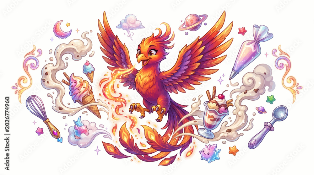 Fototapeta premium Vibrant phoenix surrounded by whimsical kitchen utensils and sweets.
