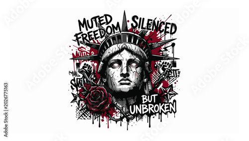 Canvas-taulu Statue of Liberty Illustration with Muted, Silenced, But Unbroken Text