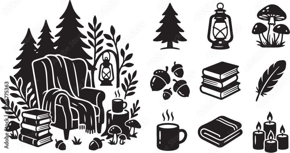 Fototapeta premium Cozy forest reading nook with books and candles