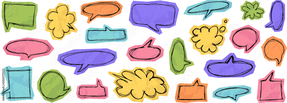 Fototapeta premium Hand drawn pen ink speech bubbles on crumpled paper cutouts, blank chat balloon doodles. Grunge dialog balloons on colored torn paper pieces, cut out comic cloud bubble sketches for collage vector set