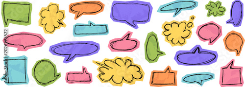 Obraz na płótnie Hand drawn pen ink speech bubbles on crumpled paper cutouts, blank chat balloon doodles
