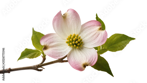 Obraz na płótnie Pink and white dogwood flower with green leaves on branch, isolated on transpare