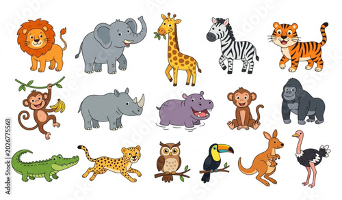 Canvas Print Cute Cartoonish Wild Animals Vector Illustration Set Including Lions, Tigers, El