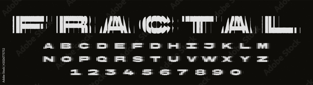Fototapeta premium Grunge alphabet with ribbed glass effect, postmodern brutalist aesthetic font. Distorted vertical line typography, bold letters and numbers with optical distortion texture, refracted glass vector font