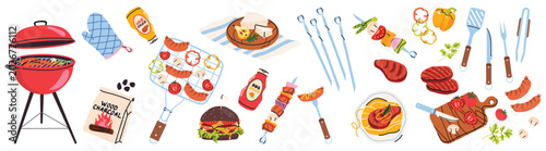 Foto Barbecue party vector set with grill tools, sausages, burgers, steaks and fresh vegetables
