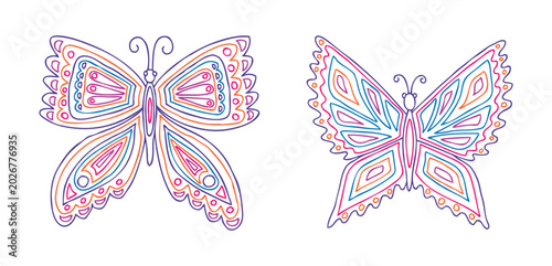 Butterflies outline drawings abstract colorful decorative, vector illustration isolated on white background