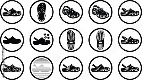 Foto Clog Shoe Icon Collection with Comfortable Slip-On Footwear Symbols, Casual Gard