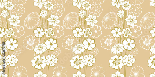 Seamless pattern outlines flowers bunches decorative, vector background, wallpaper, fabric, paper, textile