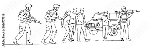 Fotografía soldiers escorting detainees during military operation