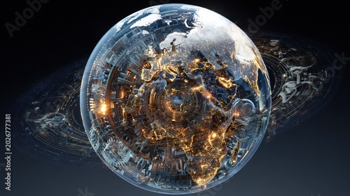 Detailed, glowing Earth, encased in futuristic machinery
