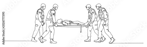 Photography soldiers carrying wounded person on stretcher outline