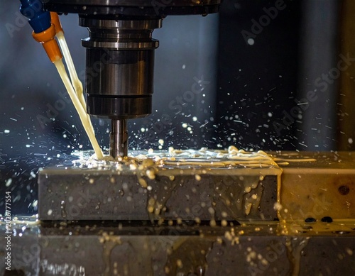 CNC milling machine processing on steel with cooling, coolant milk in the metal