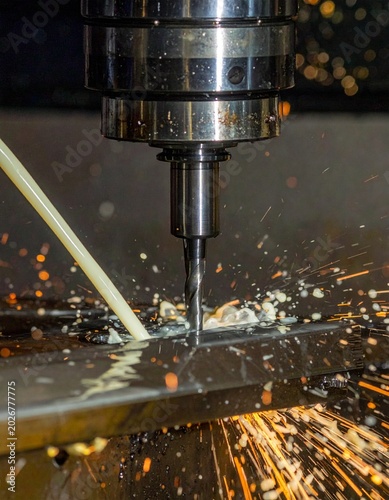 CNC milling machine processing on steel with cooling, coolant milk in the metal
