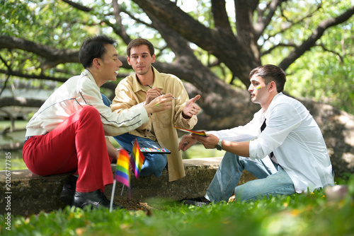 Εκτύπωση καμβά Three men gather in a park, discussing art and pride with rainbow flags