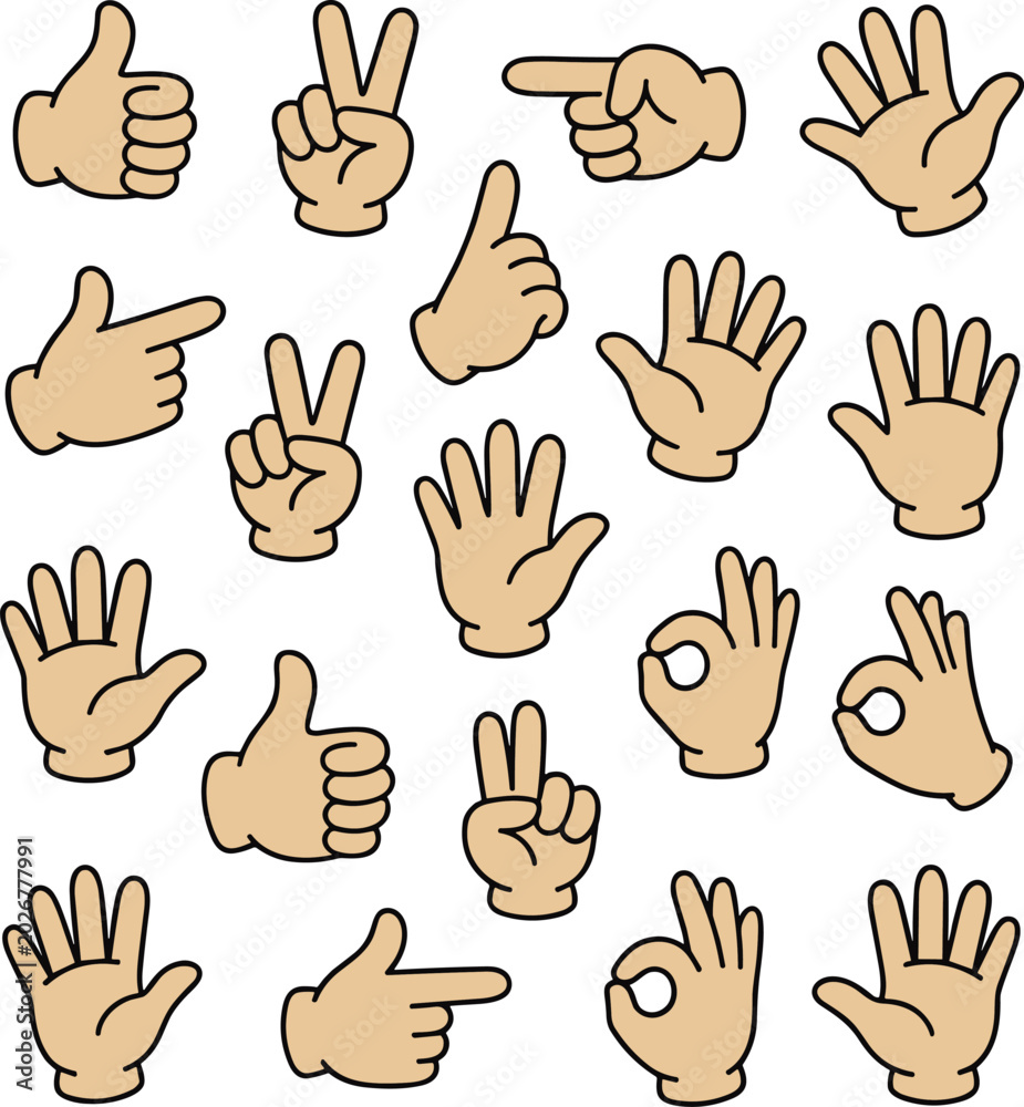 Fototapeta premium Cartoon hand gesture vector icon set with thumbs up peace sign pointing finger ok symbol and open palm isolated on white background.