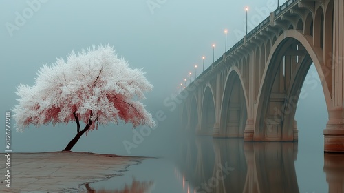 Cherry tree stands beside a bridge in fog at dawn with reflections in the water and street lights glowing