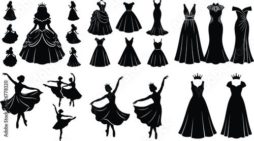 Fotografía Princess dress and ballerina silhouette vector illustration set with elegant evening gowns bridal wedding apparel and dancing girls isolated on white background