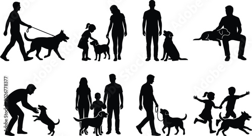 Photography People walking with dogs black silhouette vector icons set with family man woman