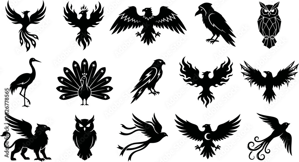 Naklejka premium Collection of various animal silhouettes on white background birds and mythical creatures