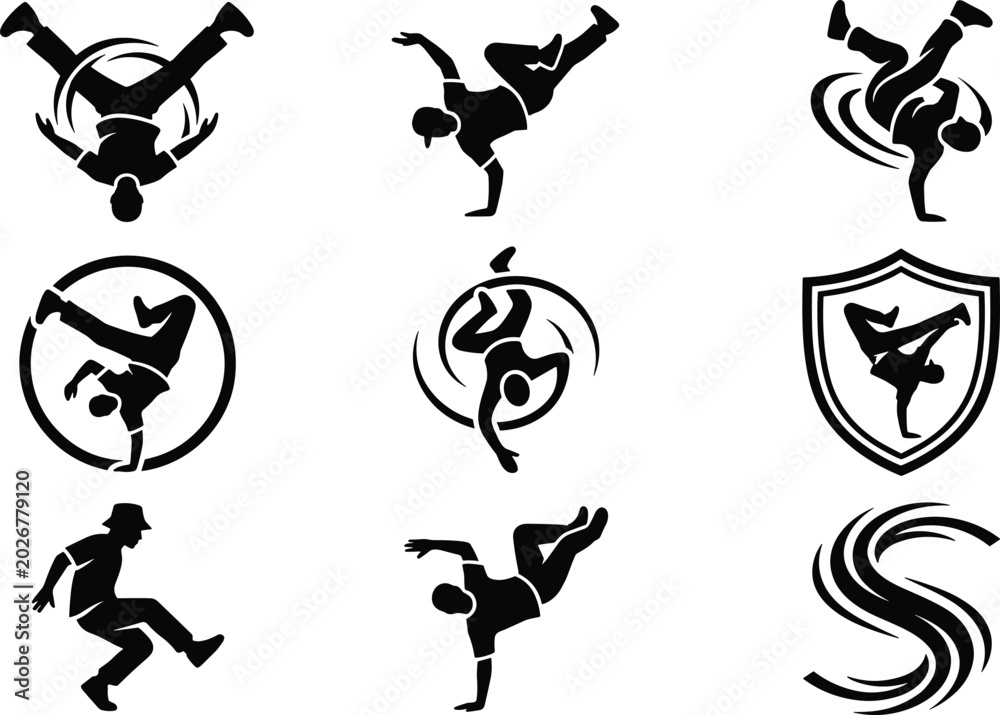 Fototapeta premium Breakdance Silhouette Collection with Hip Hop Dancer Moves, Street Dance Icons, and Urban Black Vector Elements Set