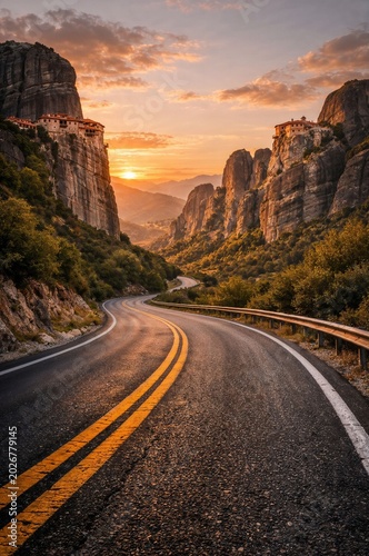 Winding mountain road between towering cliffs glows beneath a golden sunset, inviting adventure, freedom and unforgettable scenic travel experiences.