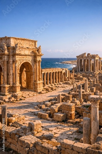 Foto Ancient seaside ruins and majestic stone arches reveal the timeless grandeur of forgotten civilizations beside the endless blue ocean