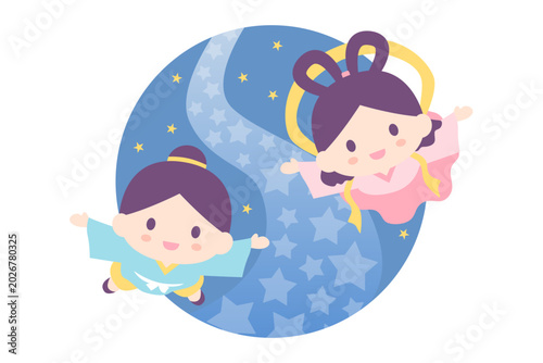 彦星と織姫と天の川のかわいいイラスト
