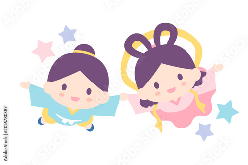 手を繋ぐ彦星と織姫のかわいいイラスト・星付き