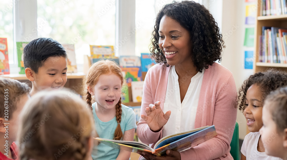 Obraz premium african american female librarian elementary school children reading book classroom education warm librarian reading colorful storybook to diverse young students gathered around in cozy library for