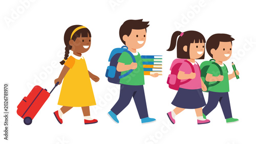 Fényképezés Back to School Adventure: A group of cheerful, diverse children excitedly head back to school, pulling luggage, carrying books, and looking forward to a new academic year filled with learning and fun