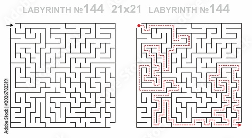 Maze challenge with answers. Complex maze path 21x21 with solution. Empty grid template for teachers. Hard.
