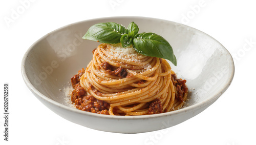 Fotografie Spaghetti bolognese with fresh basil and parmesan cheese, isolated on transparen