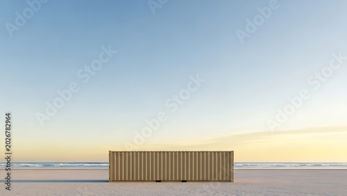 Stacked Shipping Containers at Sunset on Empty Beach with Clear Sky