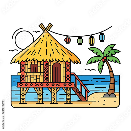 Принти на полотні Beach hut with thatched roof.
