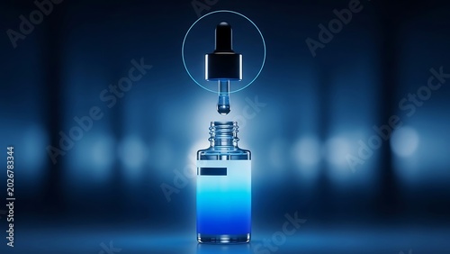 Futuristic glowing DNA helix strand in laboratory with digital hologram interface and blue lighting