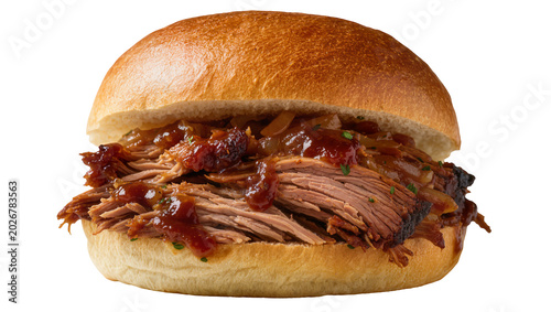 Konstfotografi Pulled beef sandwich with barbecue sauce and onions, isolated on transparent bac