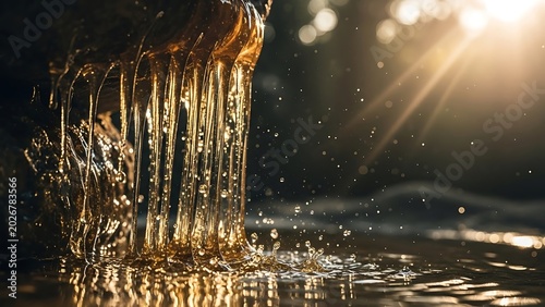 Water droplet splashing with golden sunlight reflection in dark liquid surface