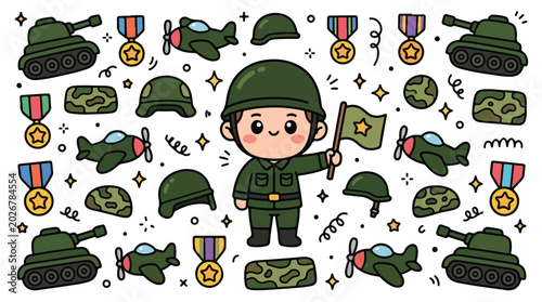 Tableau sur toile Cartoon soldier with army symbols.