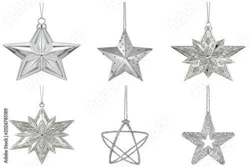 Konstfotografi Collection of six silver star-shaped Christmas ornaments isolated on transparent