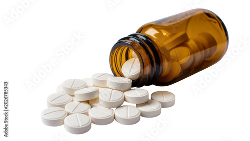Obraz na płótnie Amber glass medicine bottle spilling white round pills isolated on transparent b