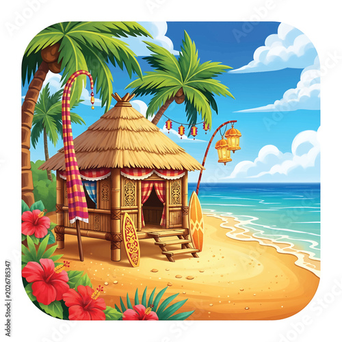 Tableau sur toile Beach hut with thatched roof.