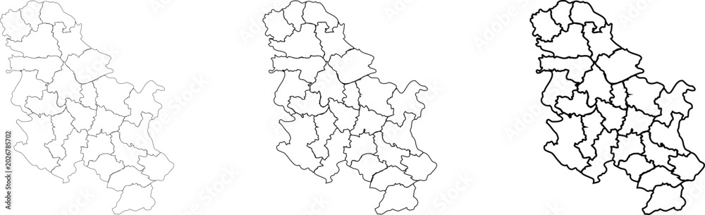 Fototapeta premium Three Outline Style Maps of Serbia Showing Administrative Districts in Varying Border Thickness on White Background